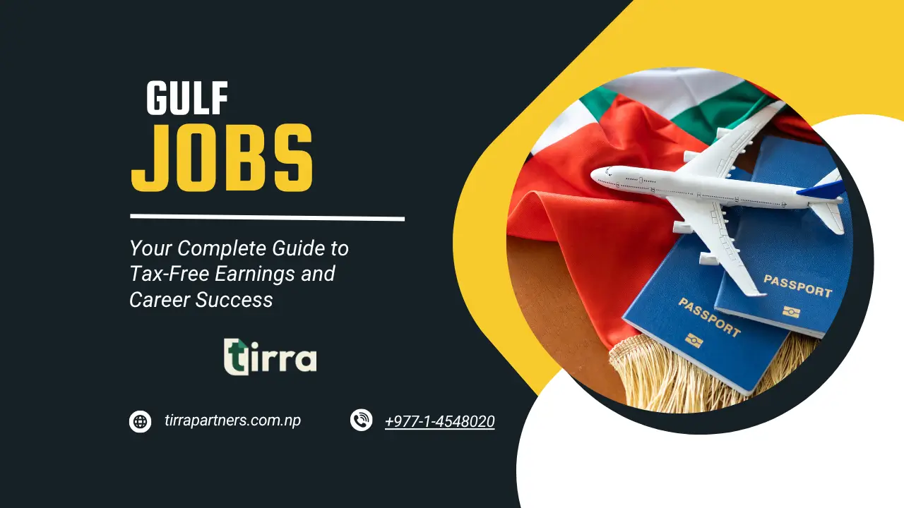 gulf jobs Image indicating gulf jobs with a sub photo of passport and aeroplane on it.