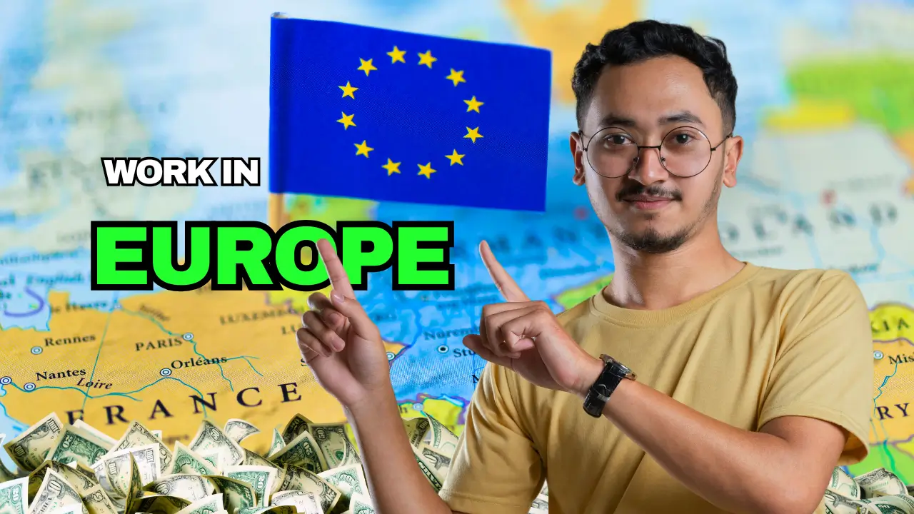 a person indicating the text work in europe